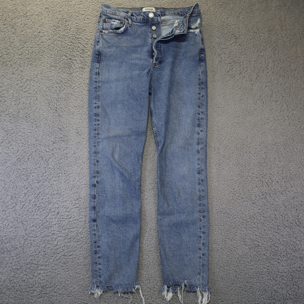 Agolde High Rise Straight Leg Distressed Jeans Light Wash Raw Hem 27